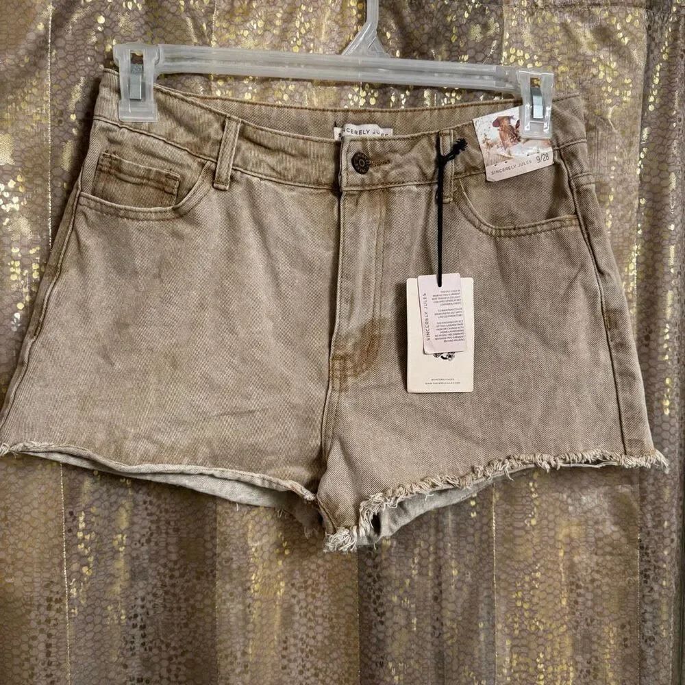 Sincerely Jules Brown Tan Antique Dyed Cut Off Denim Shorts Size 9/28 NWT